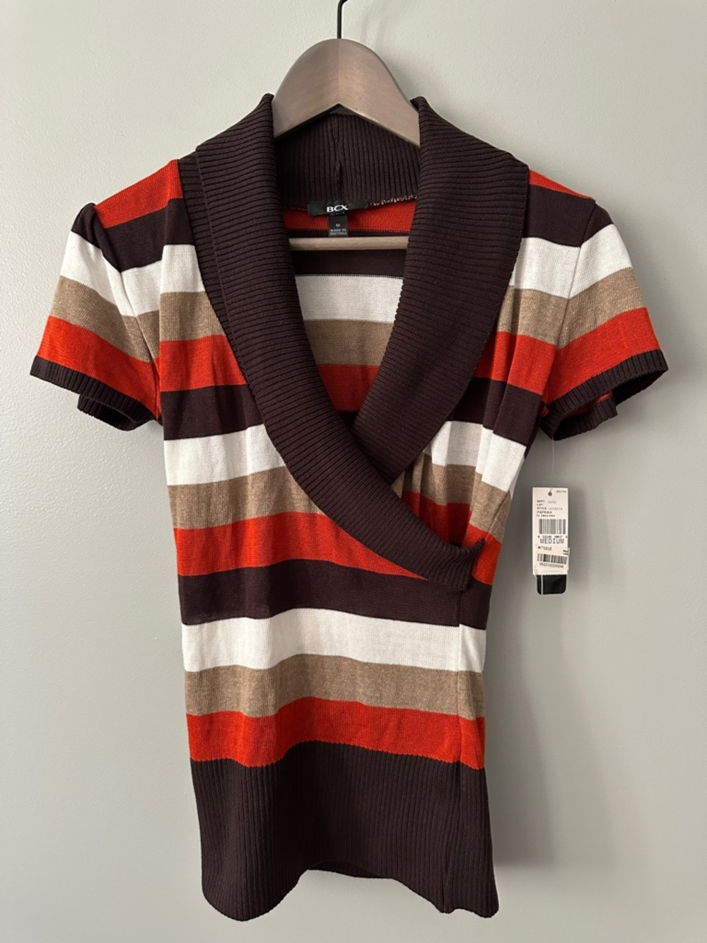 BCX Juniors Medium Short-Sleeve Striped Shawl-Collar Sweater Top NWT